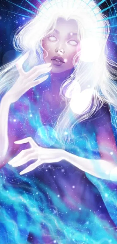 Mystical celestial figure glowing in electric blue and white hues.