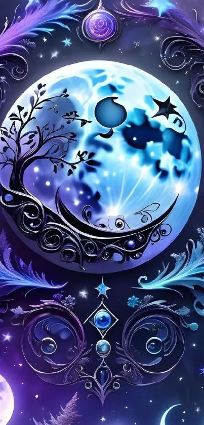 Mystical celestial wallpaper with moon and cosmic art design.