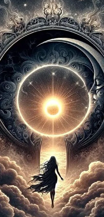 Surreal cosmic scene with mystical figure and celestial elements.