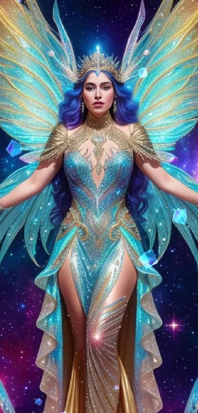 Mobile wallpaper of celestial fairy with vibrant wings and galaxy backdrop.