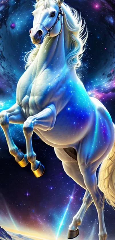 A majestic white horse in a cosmic, starry background with vibrant blue hues.