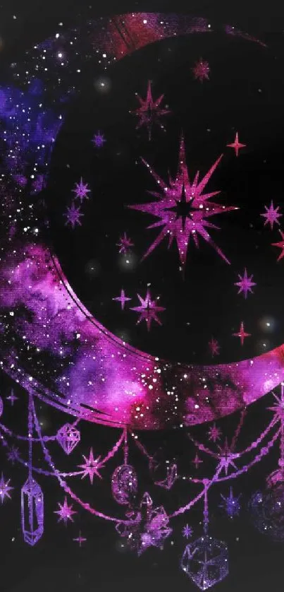 Mystical moon and stars in a pink and purple galaxy on a black background.