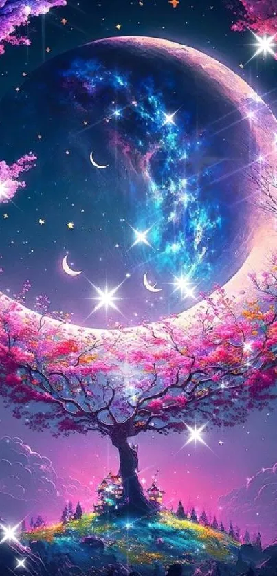 Mystical fantasy landscape with a moon and tree in vibrant pink and blue hues.