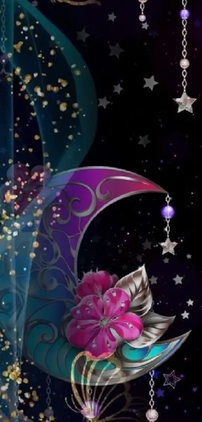 Celestial crescent moon with floral design and stars on a purple night background.