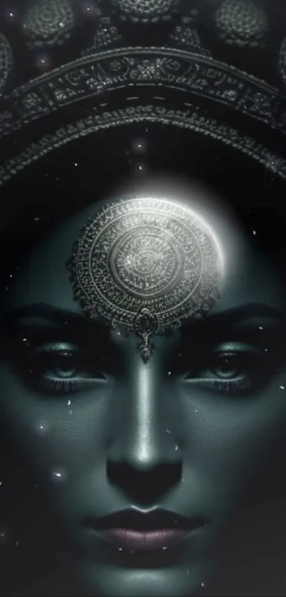 Mystical celestial wallpaper with intricate metallic headpiece and lunar glow.