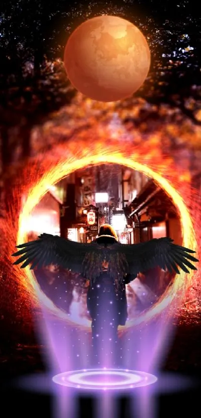 Mystical dark angel with fiery vortex and celestial moon.