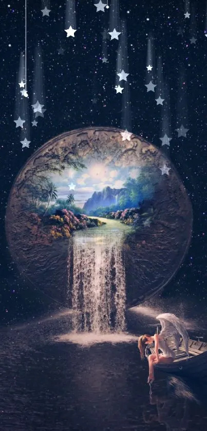 Enchanting celestial waterfall with stars and boat in a mystical night sky.