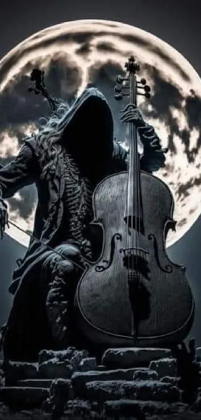 Hooded cellist plays under a full moon in a dark, mystical setting.