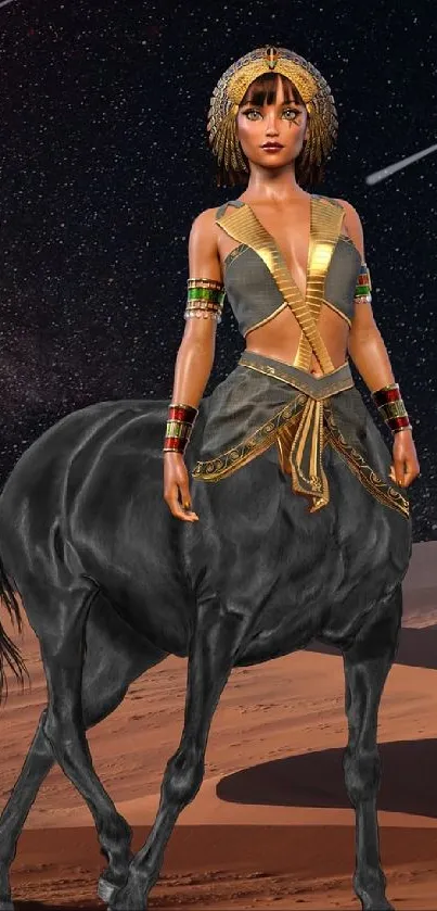 Mystical centaur stands in a desert landscape under a starry night sky.