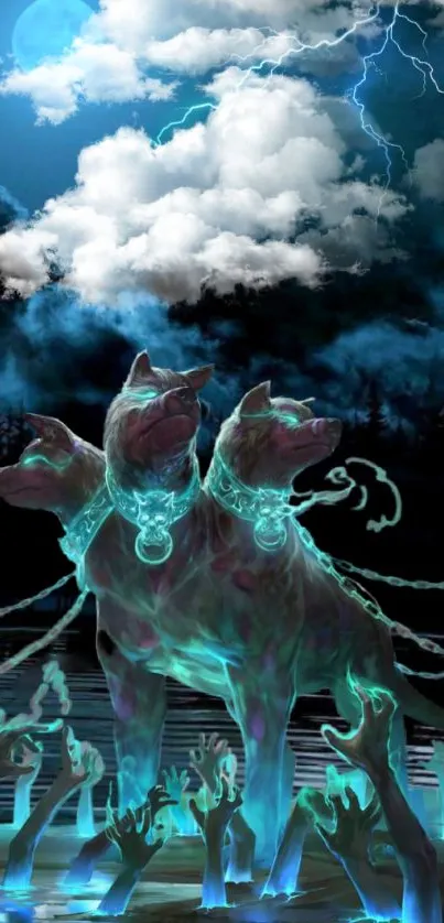 Three-headed Cerberus under stormy night sky, glowing in mystical cyan hues.