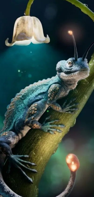 Fantastical chameleon resting under a glowing flower on a tree.