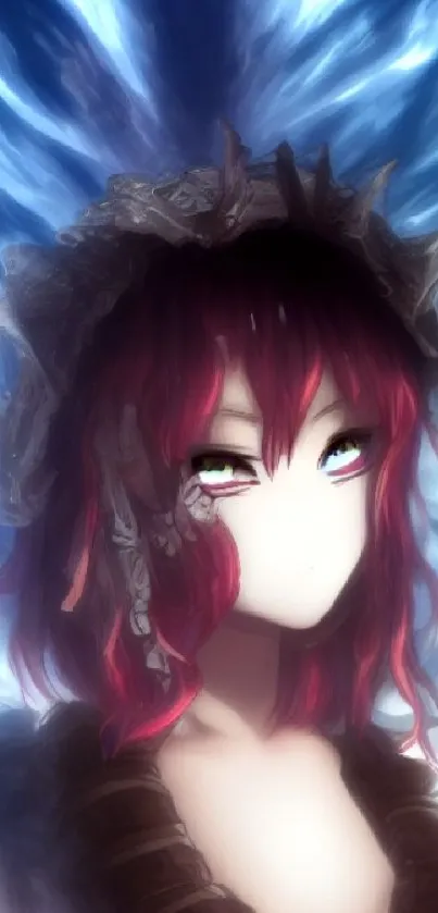 Mystical character with red hair in a fantasy art style on a blue-themed wallpaper.