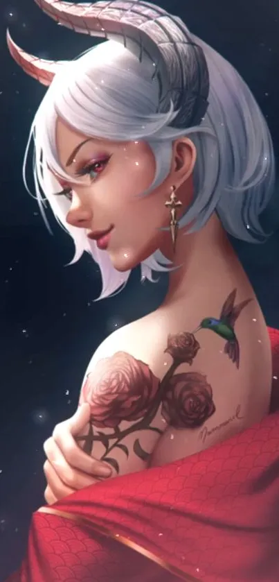 Mystical female character with horns and tattoos on phone wallpaper.