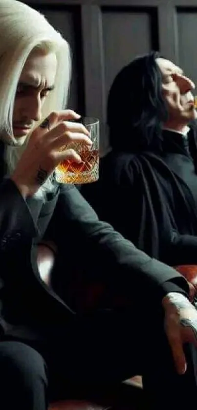 Two elegant men enjoying whiskey in a dimly-lit setting.