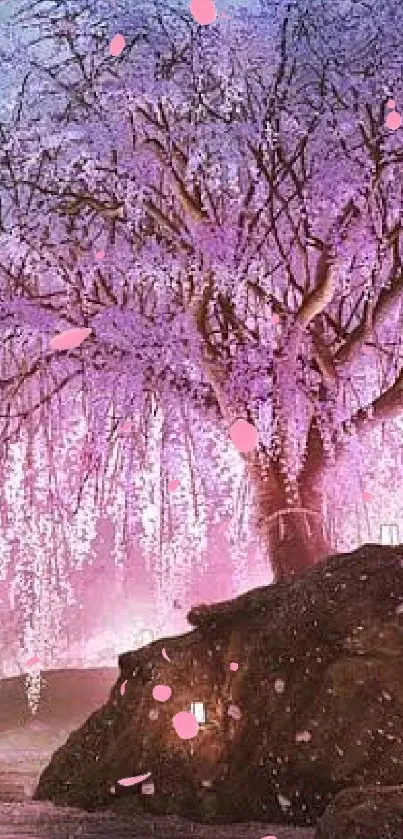 Mystical cherry blossom tree under a moonlit sky.