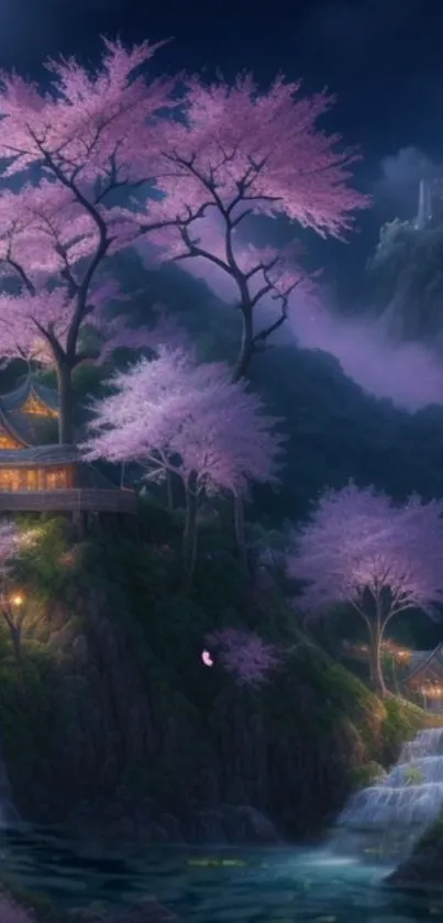 Mystical night with cherry blossoms and serene landscapes.