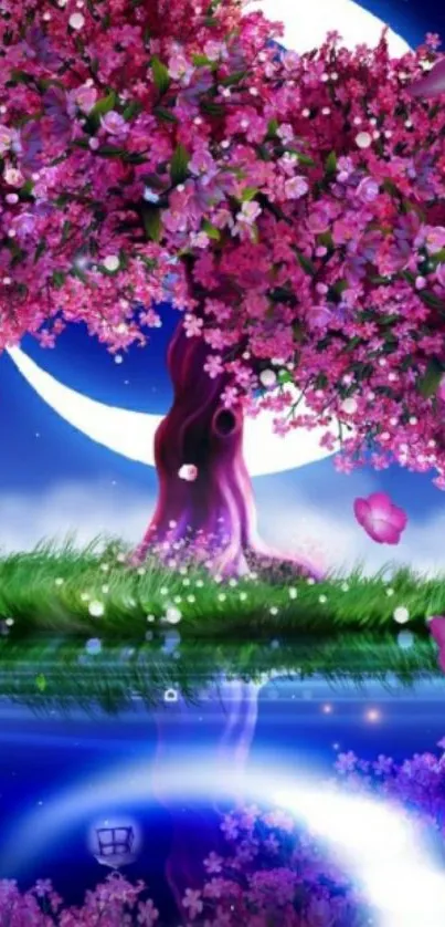 Mystical cherry blossom tree with moonlight reflection.