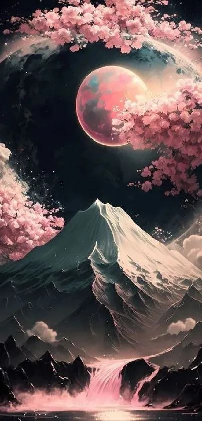 Mystical cherry blossom and moon over mountains with pink hues.