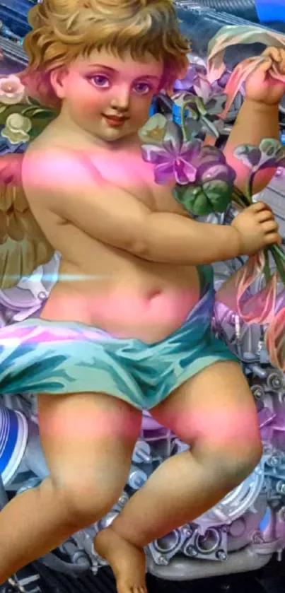 Artistic wallpaper featuring a whimsical cherub with floral accents and vibrant colors.