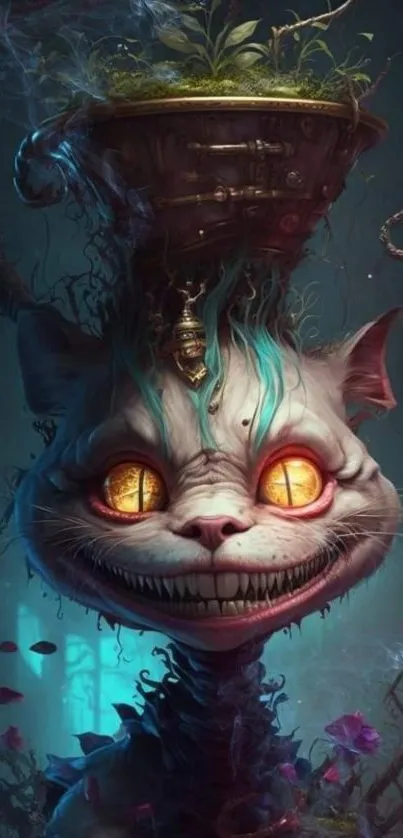 Mystical Cheshire Cat with glowing eyes and dark, enchanting background.