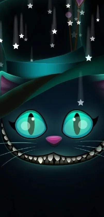 Teal Cheshire Cat with hat on dark background wallpaper.