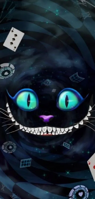 Mystical Cheshire Cat with glowing eyes and playing cards on a dark abstract background.