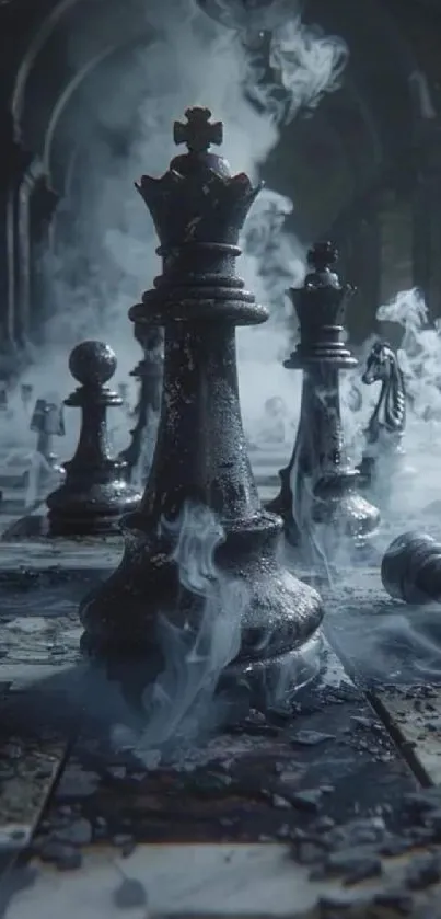 Mystical chess board with smoke and shadows in an elegant dark setting.