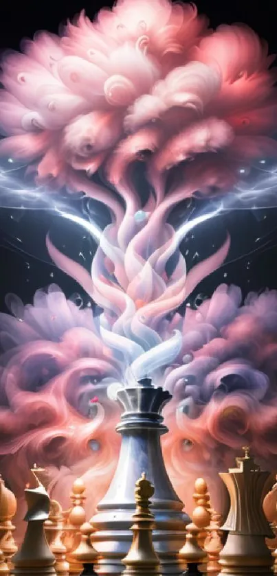 Ethereal chess-themed fantasy art with flowing colors and chess pieces.