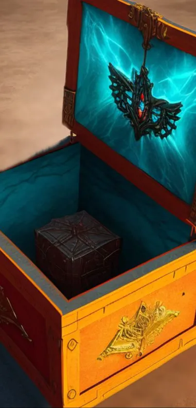 A mystical chest with a glowing blue interior, perfect for fantasy themes.