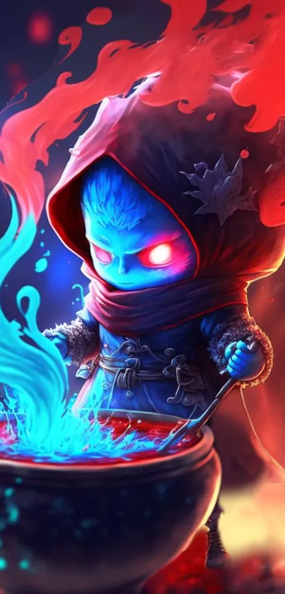 Chibi mage with blue and red flames, exuding mystical vibes.