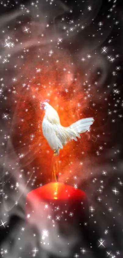 White chicken rising from a red candle with stars and mystical swirls.