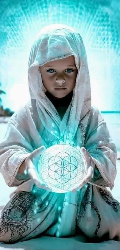 Mystical child on beach with glowing orb.