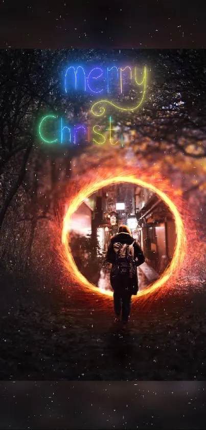 Christmas-themed wallpaper with a glowing portal in a forest.