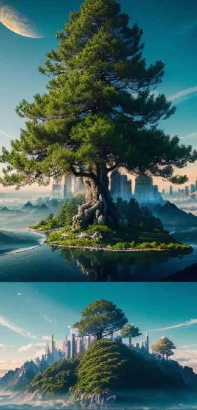 A majestic tree on an island with a futuristic city background.