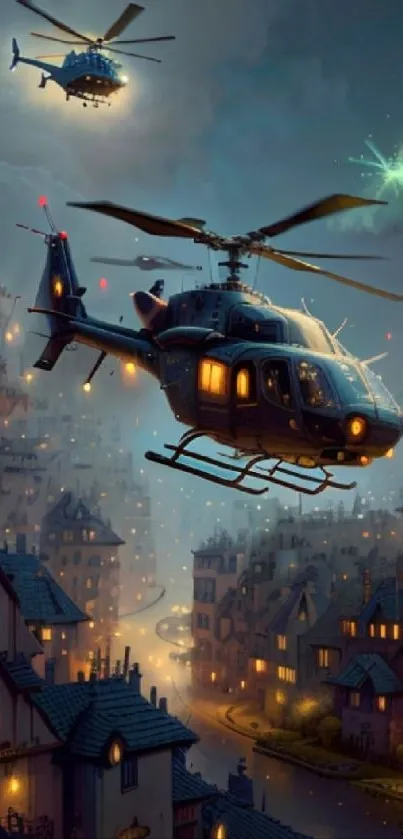 Helicopters soar over a mystical city at night.