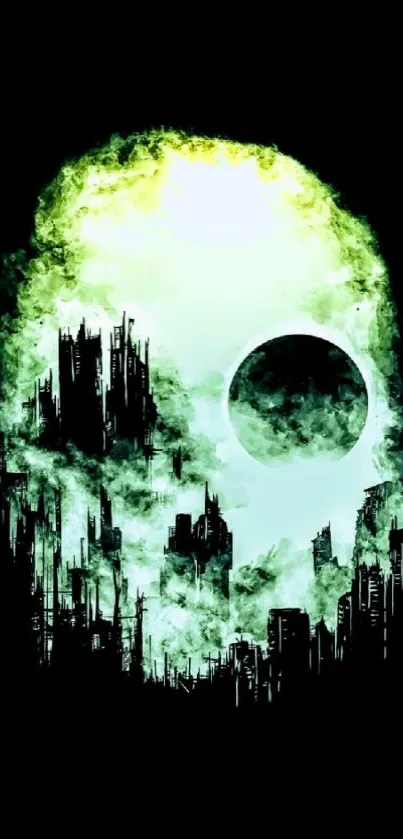 A mystical city silhouette with green mist and a glowing moon on a black background.