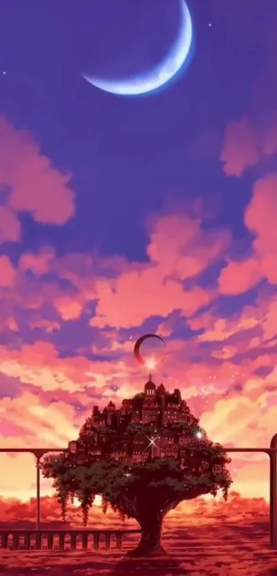 Fantasy city under a crescent moon at sunset with vibrant pink clouds.