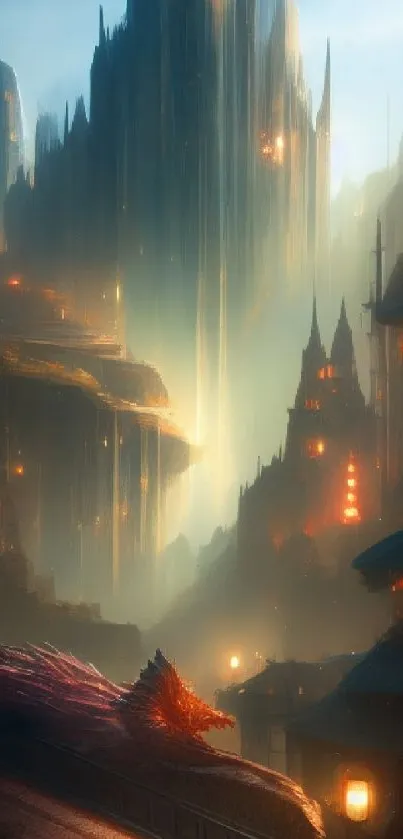 Fantasy cityscape with towers and mystical lighting.