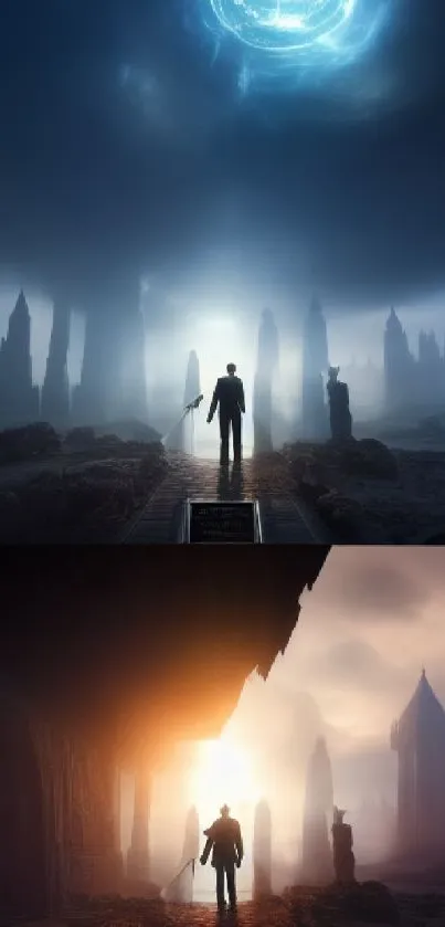 Mystical cityscape journey wallpaper with a lone figure and skyline.