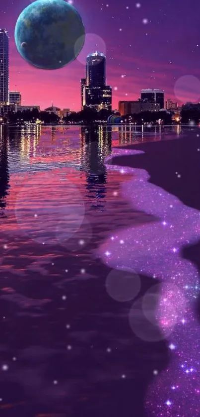 Mystical cityscape with purple night sky and glowing reflections.