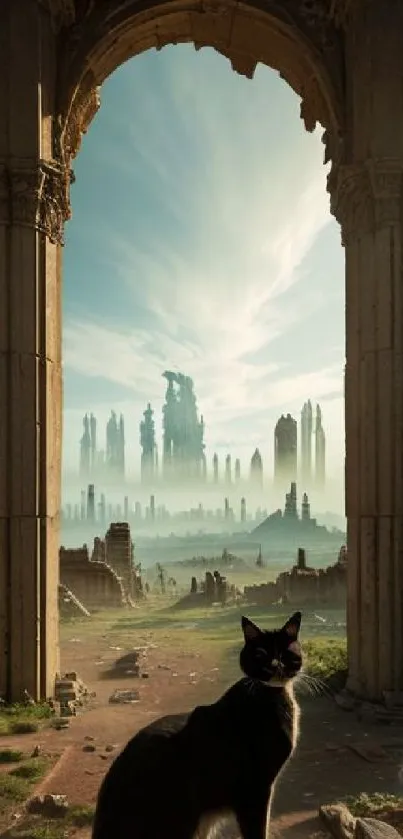 Mystical cityscape with ancient arches and black cats.