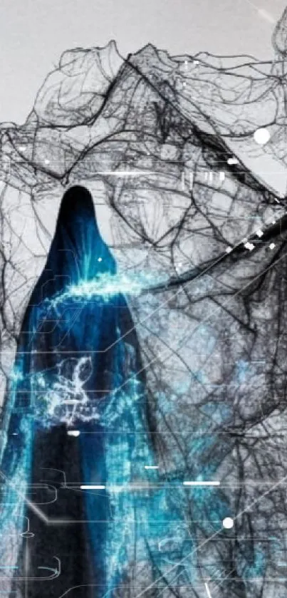 Cloaked figure with blue light and intricate lines.