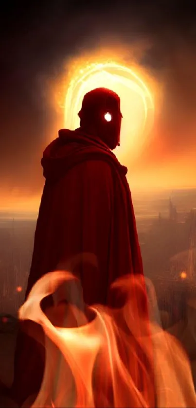 Cloaked figure in red against fiery landscape.