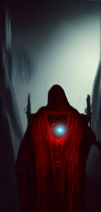 Mystical cloaked figure with red aura in fantasy setting.