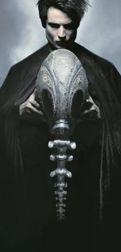 A mystical cloaked figure holds an ornate artifact, set against a dark and moody background.