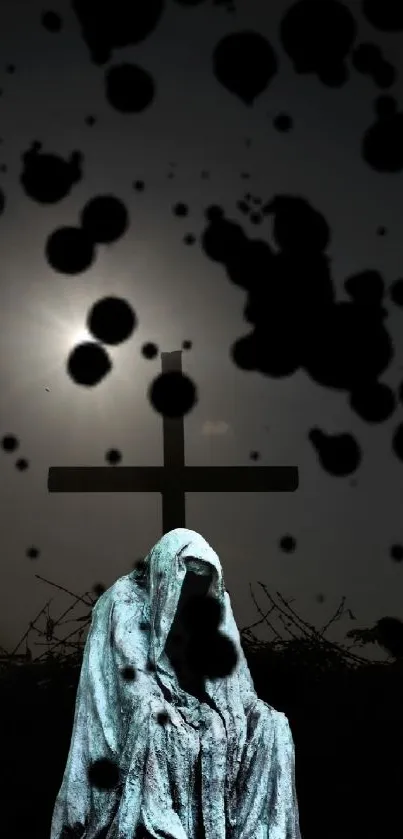 Mystical cloaked figure at night with cross silhouette.