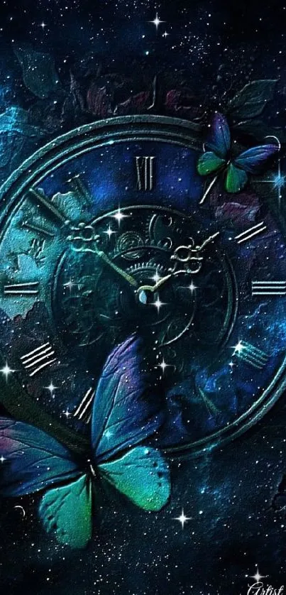 Mystical vintage clock with butterflies and starry background.