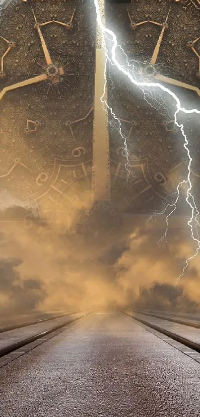 Mystical clock face with lightning strikes on mobile wallpaper.