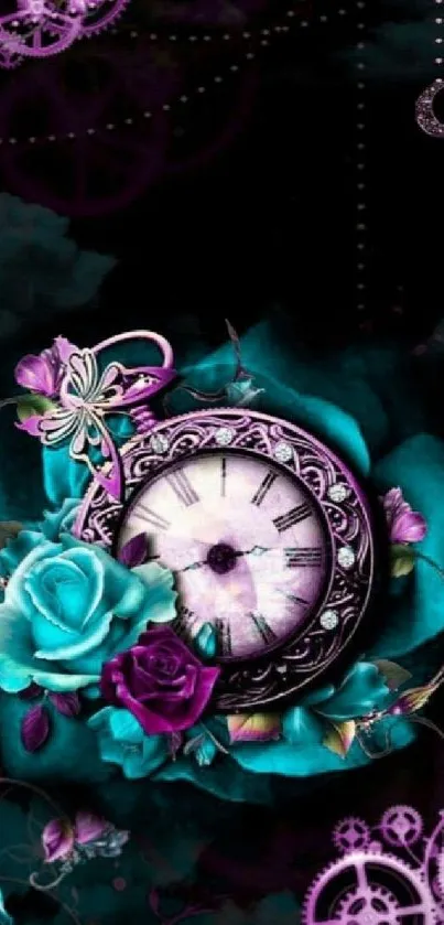 Mystical clock with teal and purple floral design on dark background.