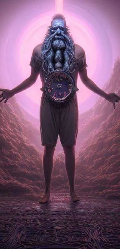 Surreal wallpaper of a mystical clock guardian in a purple setting.